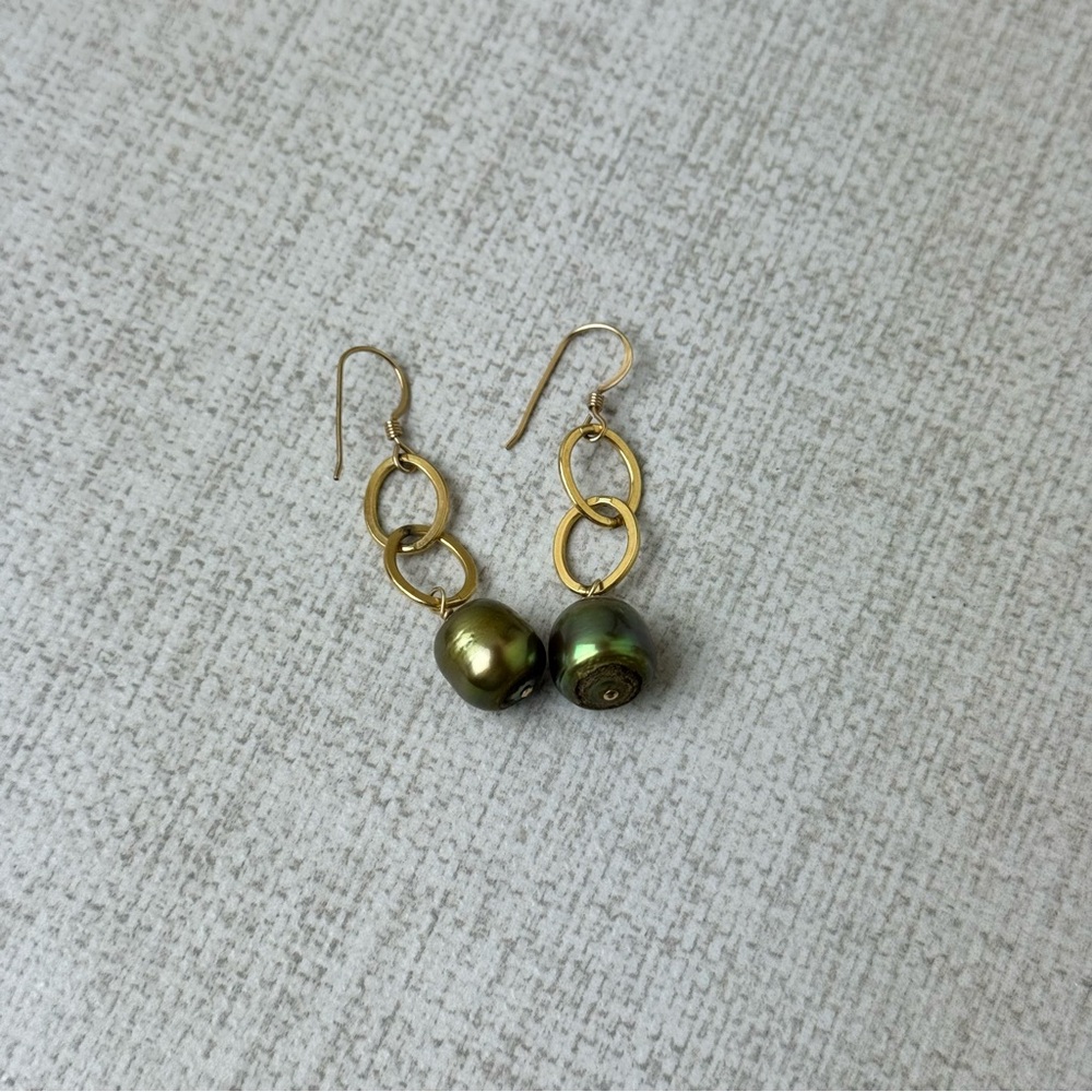 Gold filled green freshwater Pearl dangle pierced earrings